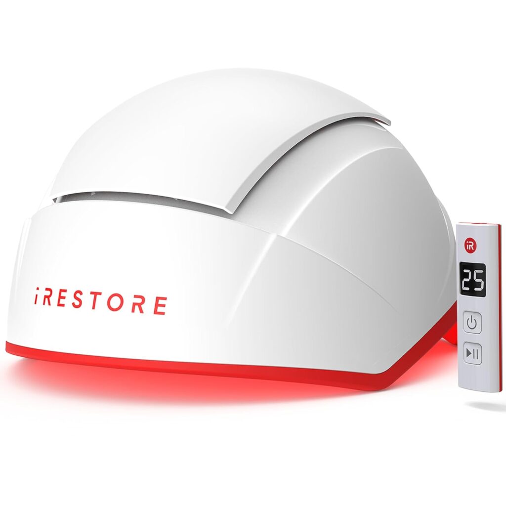 iRestore laser helmet on a bathroom counter or being worn