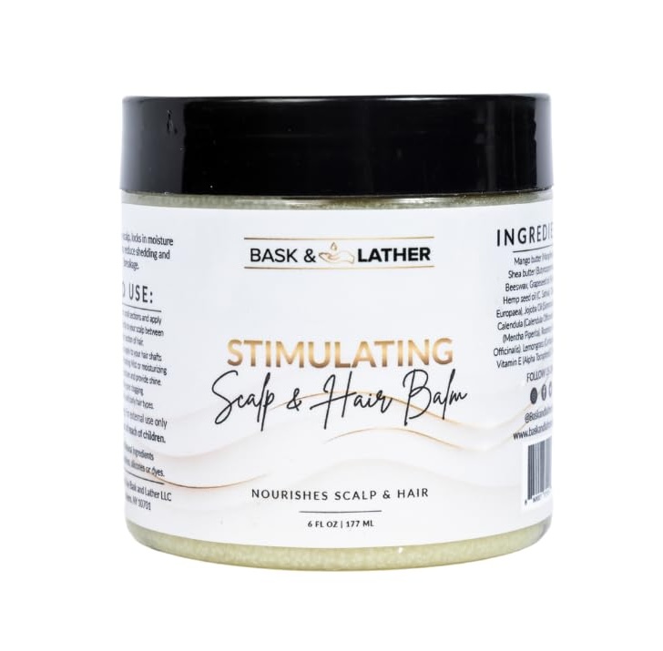 Bask and Lather Stimulating Scalp Balm with Mango Butter, Peppermint and Rosemary — a rich but non-greasy balm packed with nourishing butters and growth-supporting botanicals. Perfect for dry scalp or anyone wanting to level up their weekly ritual.