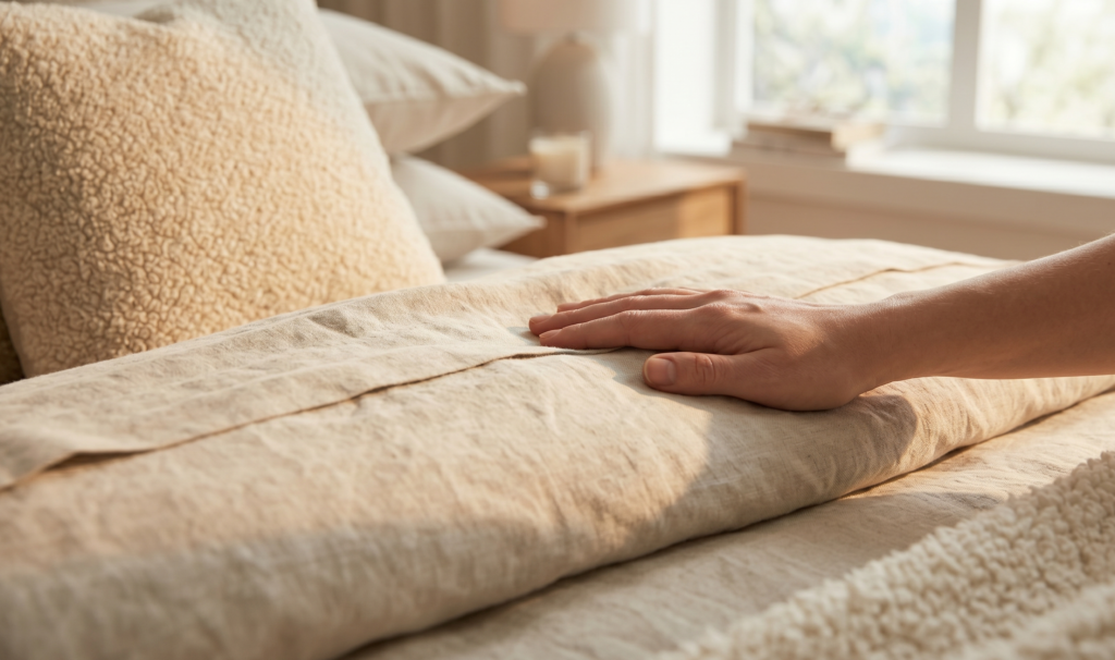 alt="Close-up photograph focusing on a single, soft hand gently running across the surface of the natural beige linen duvet on the bed, highlighting the perfect, slightly rumpled, textural quality under golden hour sunlight. In the softly blurred foreground, a cream Sherpa throw pillow provides contrasting texture. The highly detailed view emphasizes natural luxury and intimate tactile comfort."