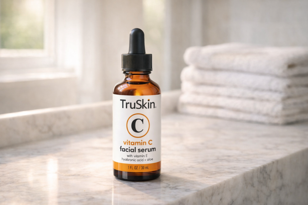 Vitamin C serum bottle on a marble bathroom countertop with soft natural light and folded white towels in the background, clean minimalist skincare setting