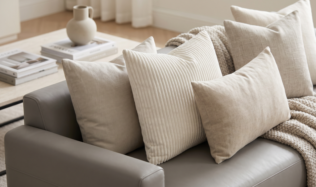 alt="A pair of MIULEE cream white corduroy throw pillow covers neatly arranged on a light wood armchair, showcasing the subtle ribbed stripe pattern and warm, neutral tone."