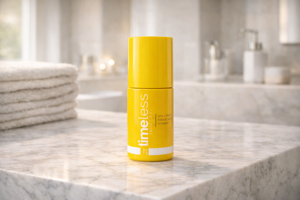 Bright yellow vitamin C serum bottle on a marble bathroom countertop with soft natural light and a clean minimalist skincare background