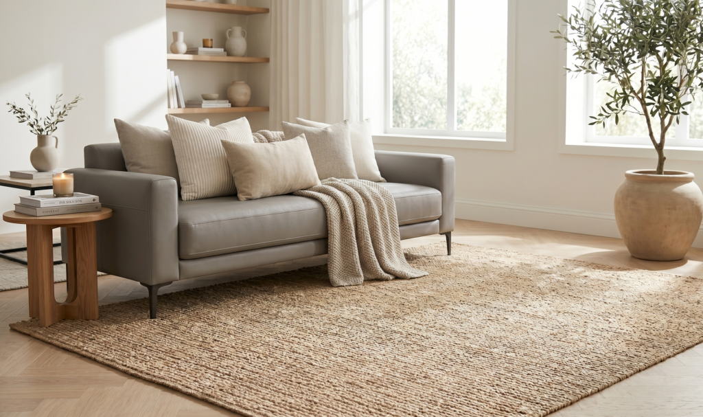 alt="Wide-angle shot of a nuLOOM Rigo hand-woven natural jute area rug covering the light wood floor of a styled living room, displaying the artisanal texture and organic, earthy feel."