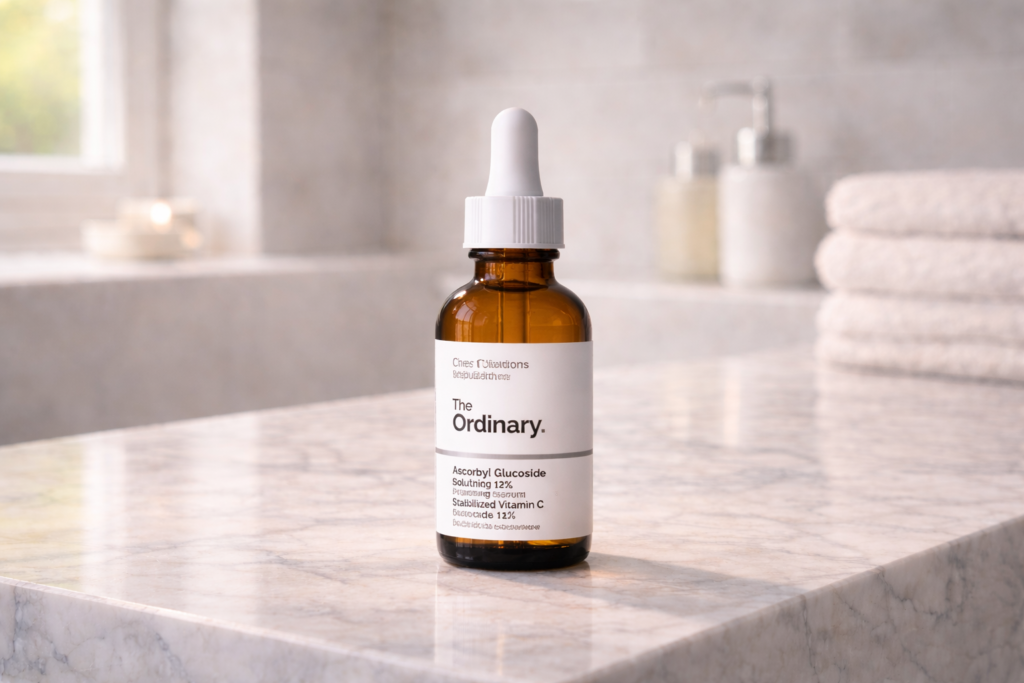 The Ordinary vitamin C serum bottle with dropper on a marble bathroom countertop with soft natural light and a clean minimalist skincare background