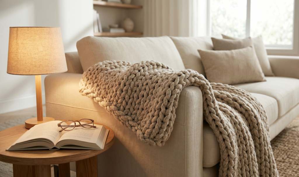 alt="Chunky knit throw blanket in a cream tone with large, voluminous stitches, casually folded over the arm of a fabric armchair, conveying warmth and visual comfort."