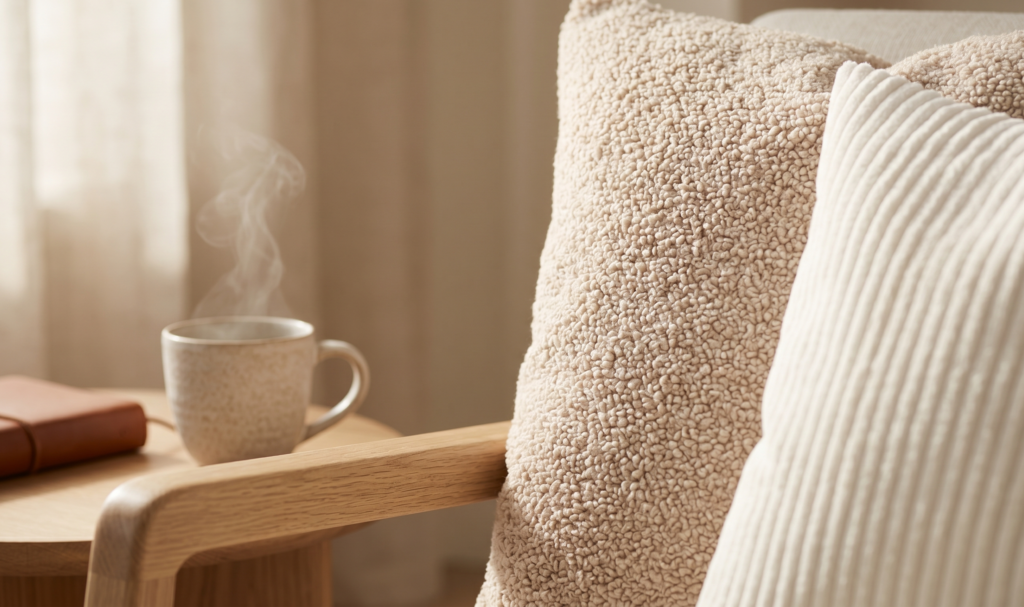 alt="Close-up photograph of a textured Foindtower beige boucle throw pillow cover resting on a linen sofa, highlighting the soft, uneven loop texture of the boucle fabric under natural light."