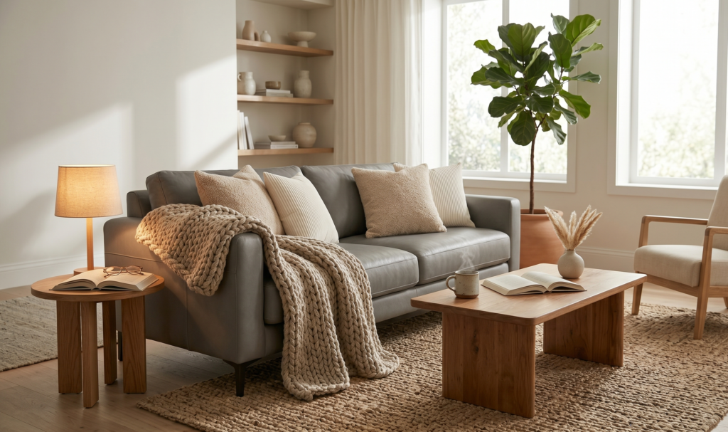 alt="A perfectly curated warm minimalist living room corner with a textured cream sofa, layered beige boucle and corduroy pillows (Foindtower and MIULEE), a natural jute rug (nuLOOM Rigo), and a layered Safavieh jute rug under an armchair. Natural Golden Hour light fills the space, featuring a steaming mug, a book, a fig tree, and cozy accessories like a chunky knit blanket, evoking comfort and sophisticated design."