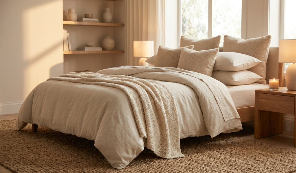 alt="A panoramic, ultra-realistic golden hour photograph of a perfectly curated warm minimalist bedroom. A large, plush bed features an impossibly comfortable ivory linen duvet cover set (slightly rumpled), topped with stacked Sherpa throw pillow covers mixed with regular pillows for a cloud-like effect. A cream boucle throw blanket is draped at the foot of the bed. Next to the bed, a natural wood nightstand holds a sculptural bedside table lamp emitting a soft, warm glow, alongside a lit luxury scented candle. Soft natural light streams from a window, creating an immediate sense of peace and luxurious comfort."