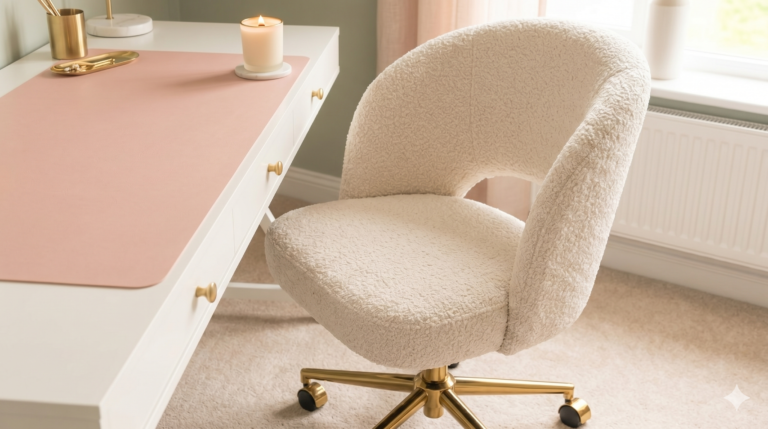 "Cozy and feminine home office with pastel color palette, white desk, boucle fabric chair, abstract wall art, and minimalist decor in shades of blush pink and gold."