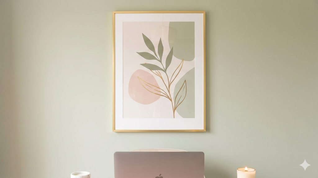 "Home office wall decorated with a minimalist abstract art print in neutral pink and green tones, creating an aesthetic and professional background for video calls."