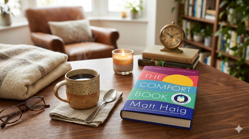 A multi-colored hardcover book titled 'THE COMFORT BOOK' by Matt Haig, with a circular 'THE MIDNIGHT LIBRARY' seal on the cover, rests on a warm wood coffee table. The cover has layers of pink, light teal, dark teal, and deep blue, with a yellow rising sun and small white building icons. The book is angled towards the right. To its left are a steaming speckled ceramic mug with black coffee, a small silver spoon on a linen napkin, a pair of dark tortoise-shell glasses, and a folded grey and white striped blanket. Behind the book, an old-fashioned brass clock sits on a small stack of other books, with a lit candle in a glass holder to its right. The background features a soft brown leather armchair and a full bookshelf, with soft light coming from a window. The entire scene is cozy and inviting.