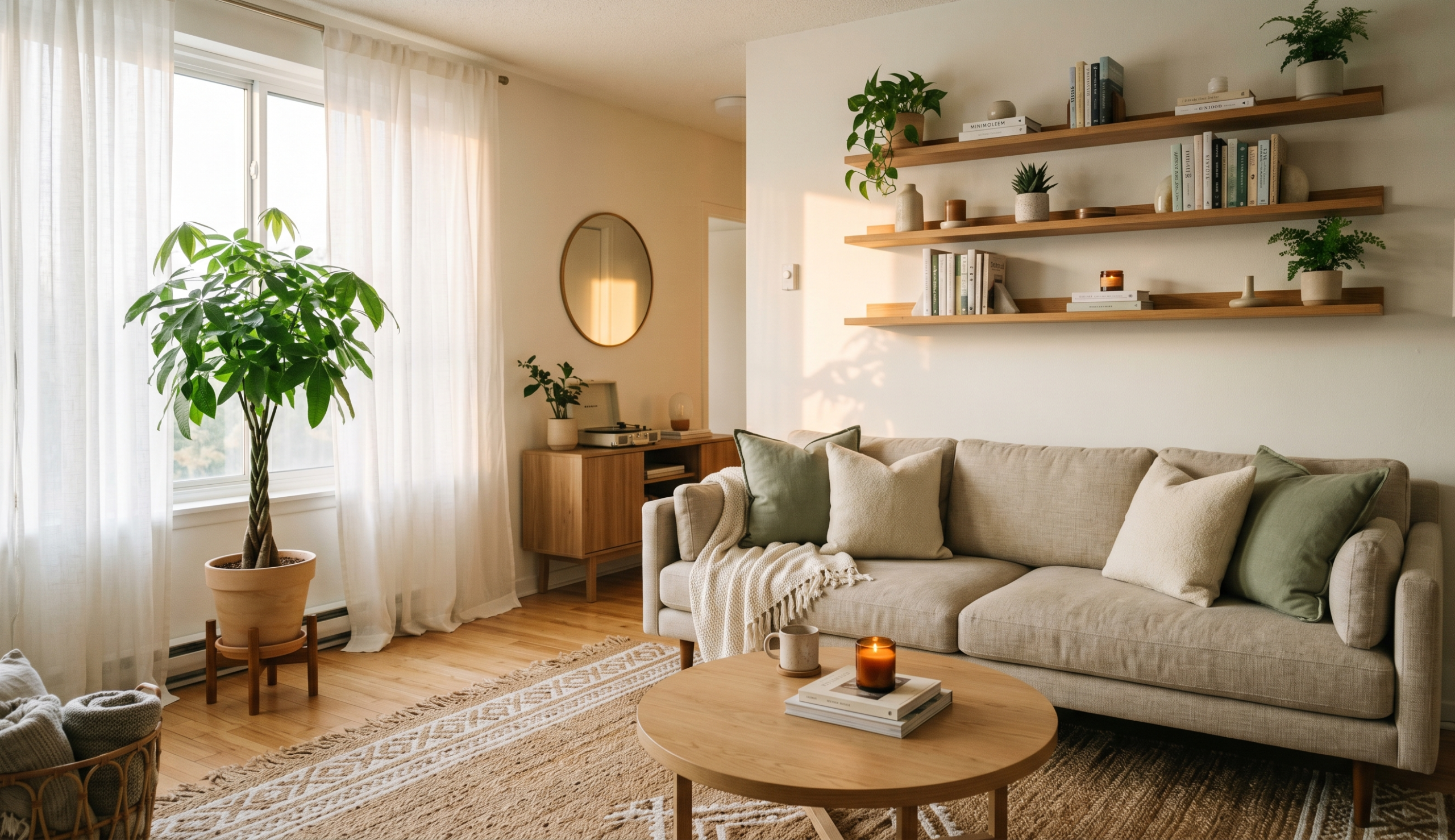 Pinterest-worthy living room with neutral tones, floating shelves, and plants