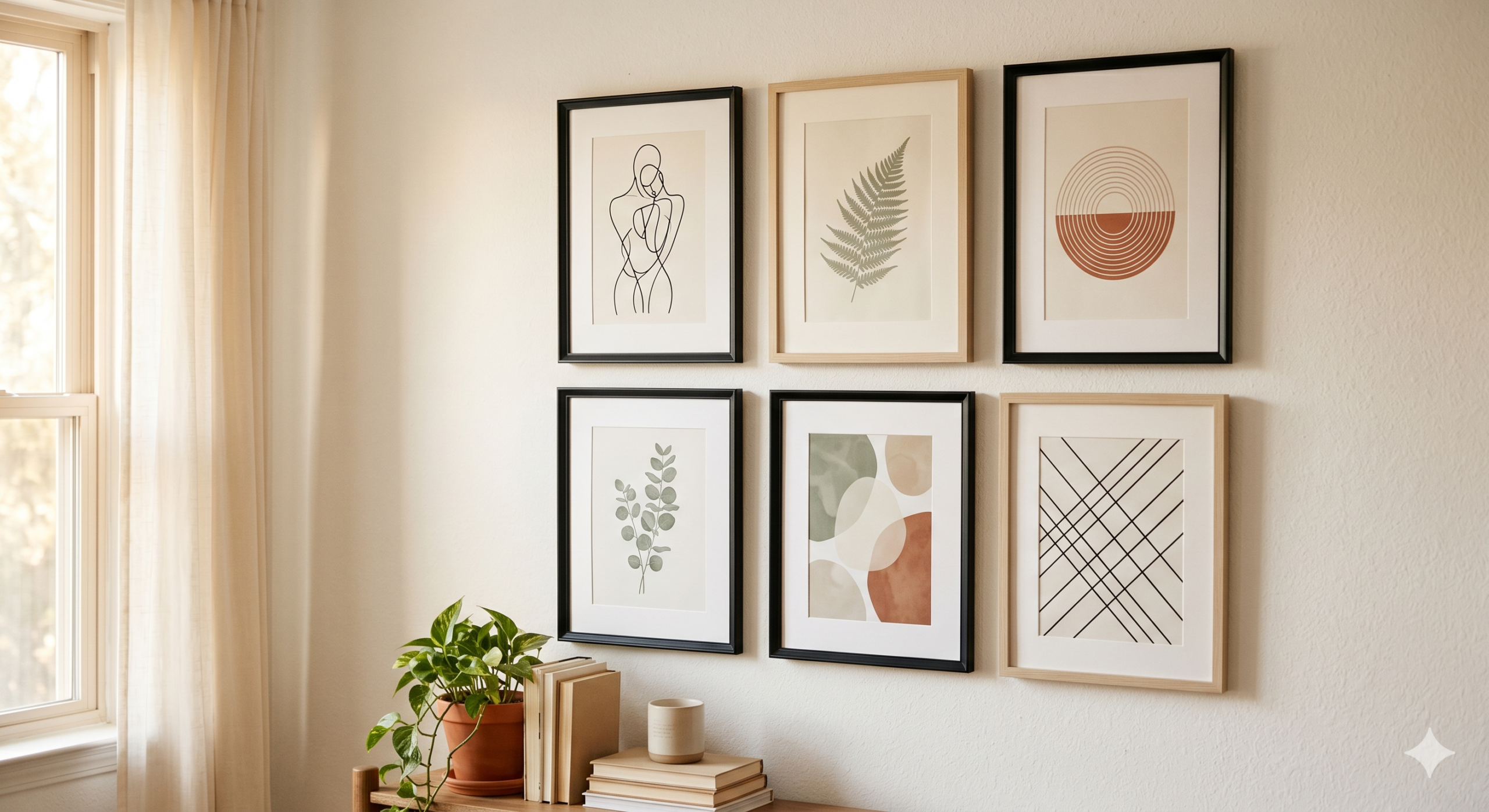 Gallery wall with 6 framed prints, boho aesthetic