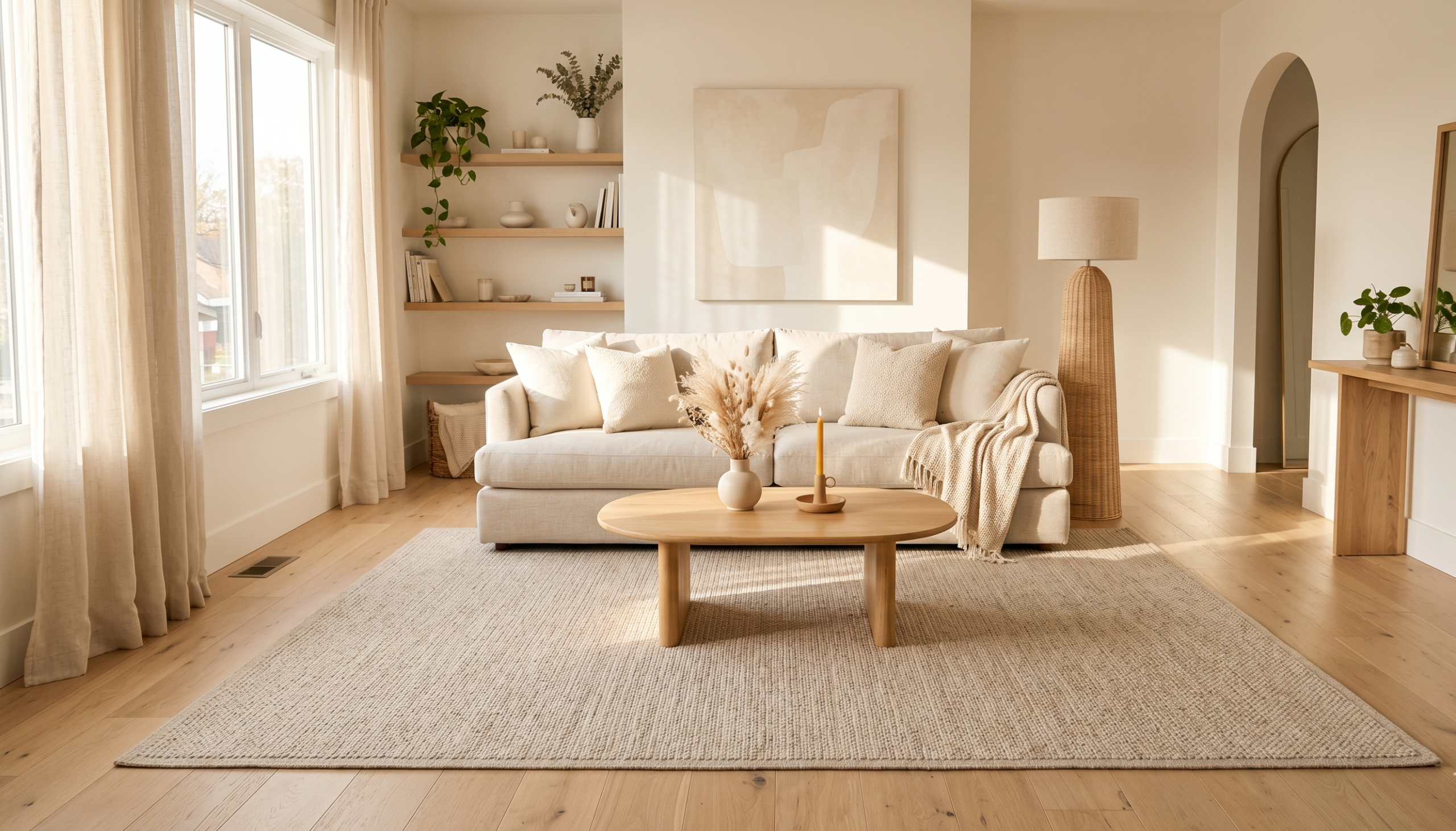 Cozy living room with neutral rug under sofa and coffee table