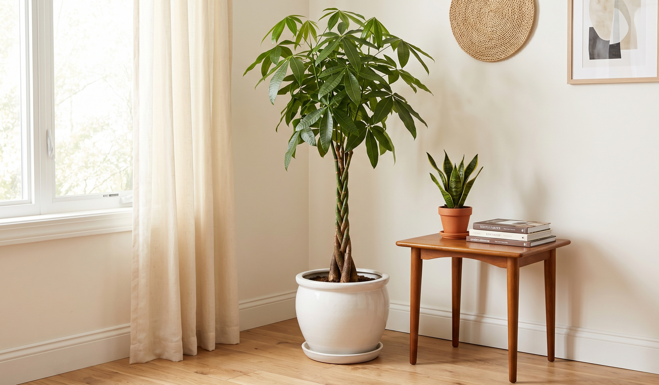 Apartment corner with tall money tree, smaller snake plant, and ceramic pots