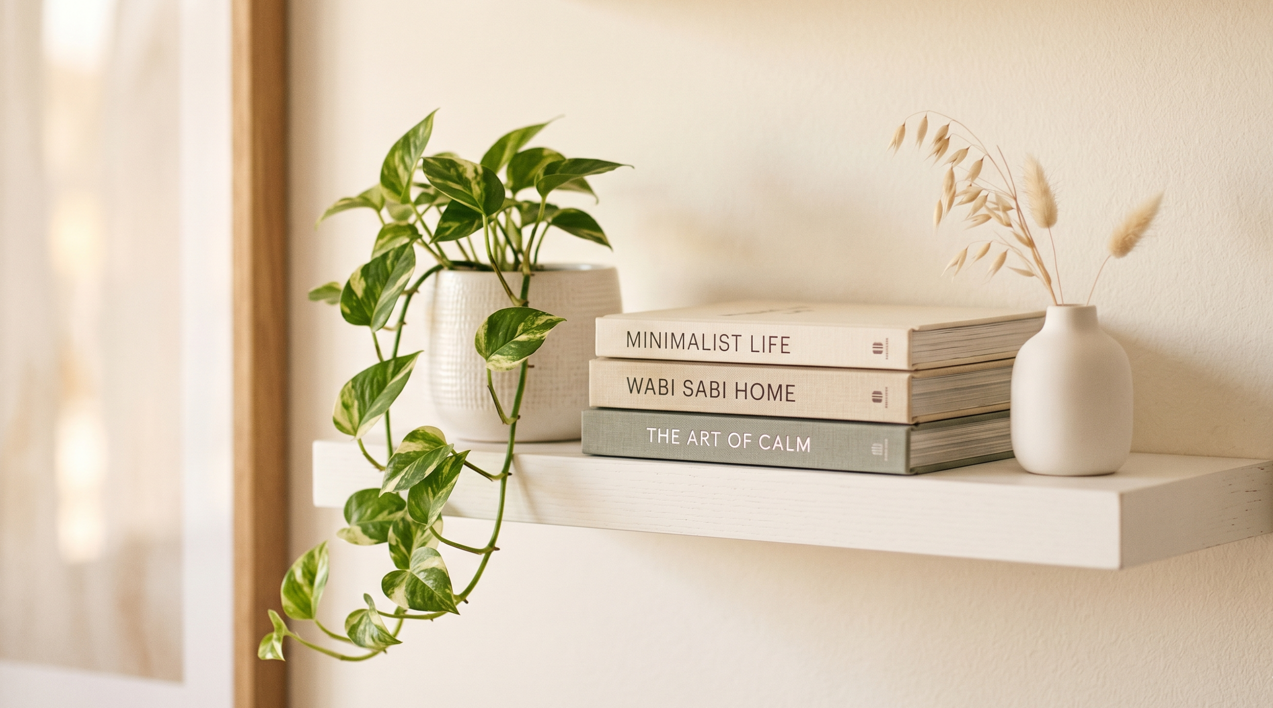 Styled floating shelf with plant, books, and small vase