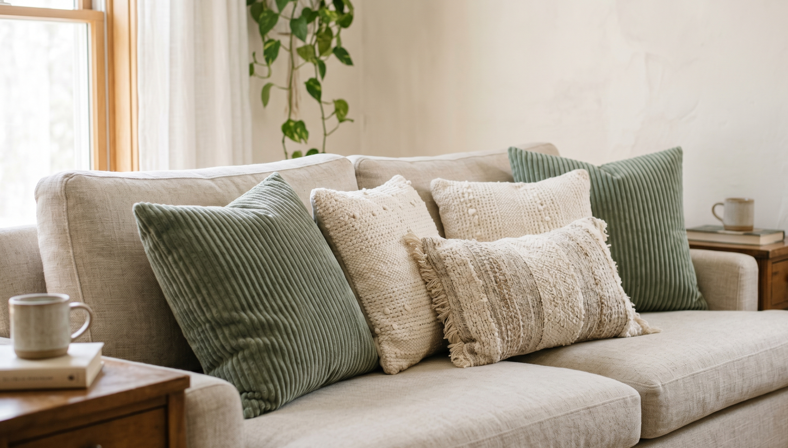 Neutral sofa with sage green and cream throw pillows styled