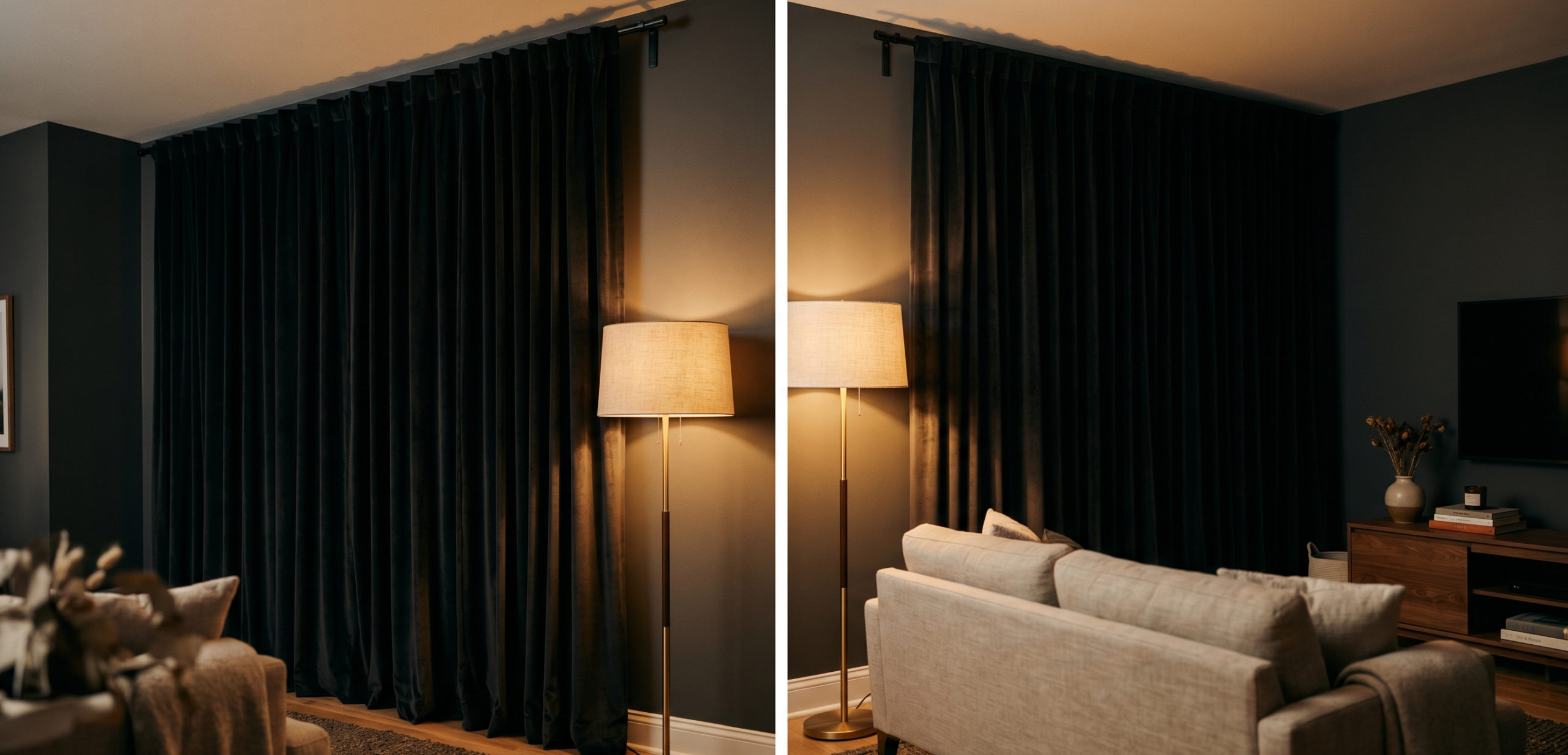 Apartment living room with floor-length velvet curtains, warm light