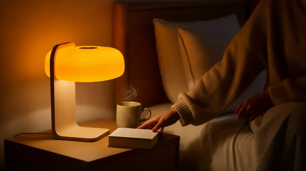 A highly aesthetic, intimate close-up photograph of a modern, sculptural bedside table lamp on a natural wood nightstand. The lamp is turned on, casting a rich, warm, golden amber glow that creates a safe, cozy halo in a dimly lit, moody bedroom. Directly under the pool of soft light, a person's hand, wearing an oversized, soft ribbed knit sweater sleeve, is gently holding open a hardcover book. Next to the book, a ceramic mug with barely visible steam. The rest of the room fades into deep, calming shadows. Shot on Sony A1, 8k resolution, cinematic lighting, fotorrealista.