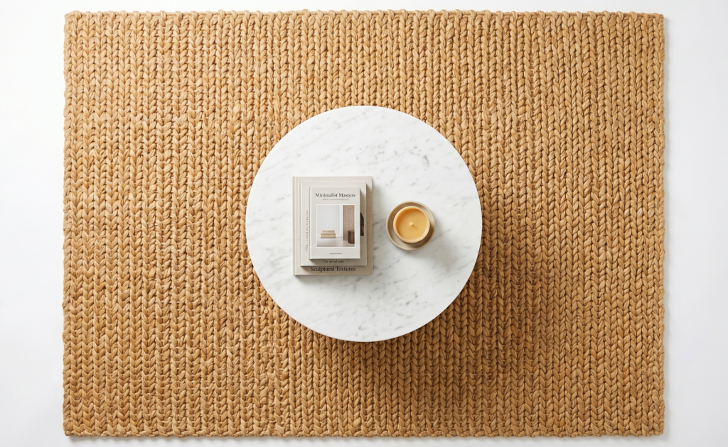 alt="Close-up detail photograph of the robust, artisanal texture of a SAFAVIEH Natural Fiber jute rug, showing thick fibers and visible hand-woven quality, anchoring a leather sofa."