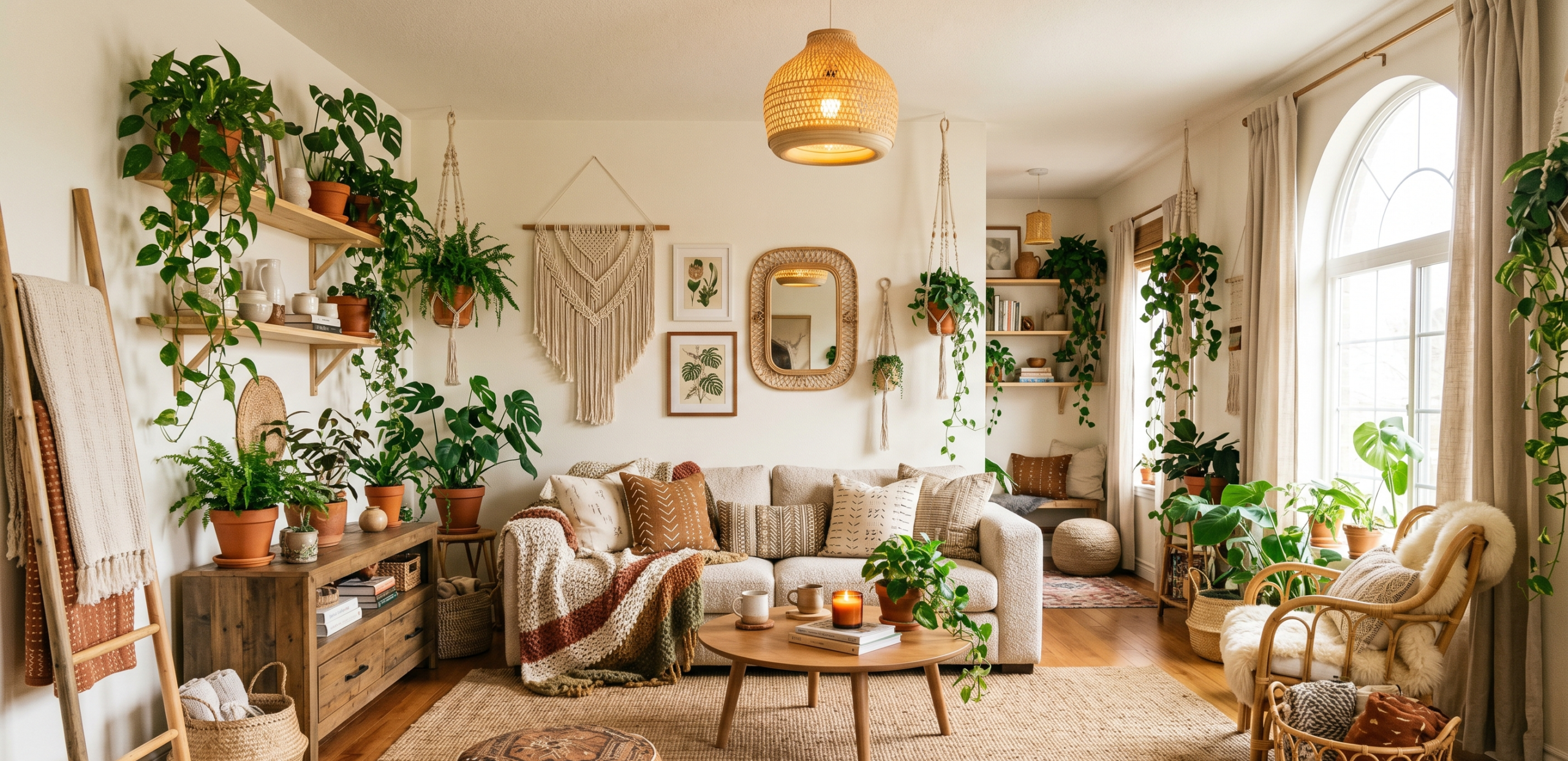Boho living room with plants, macrame hangers, and rattan baskets