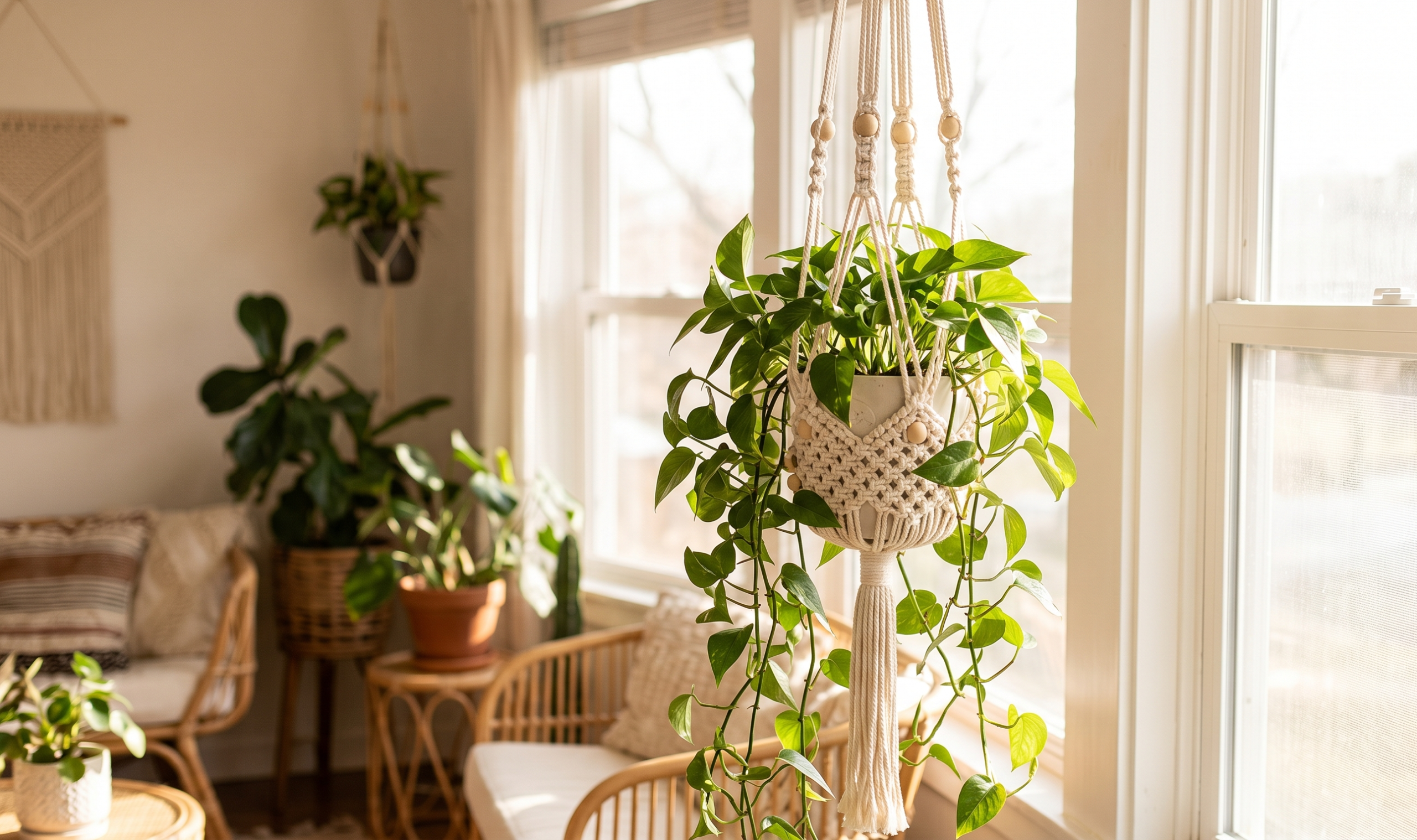 Macrame plant hanger with trailing pothos in a boho living room