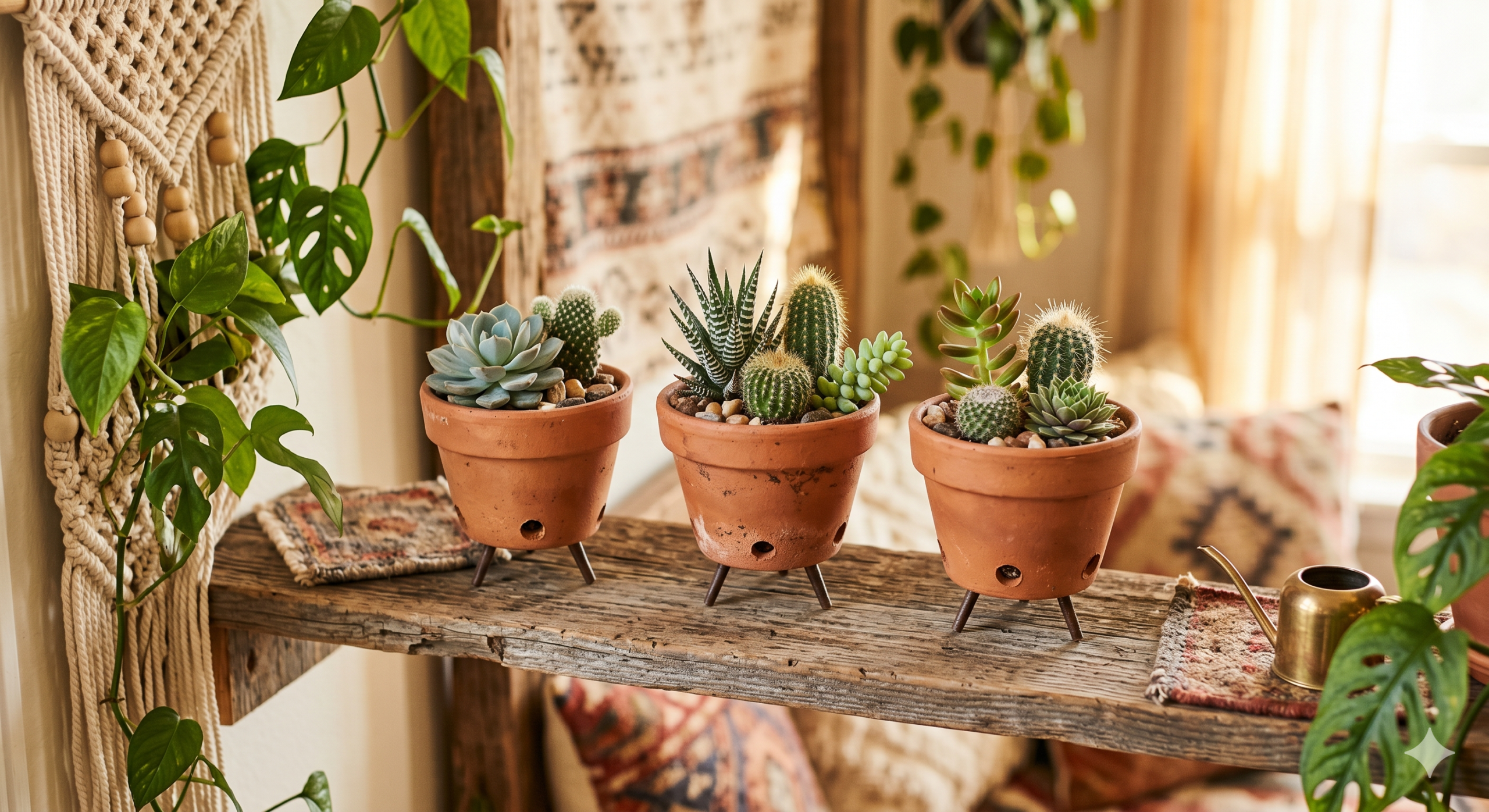 Boho terracotta plant pots with legs on a wooden shelf