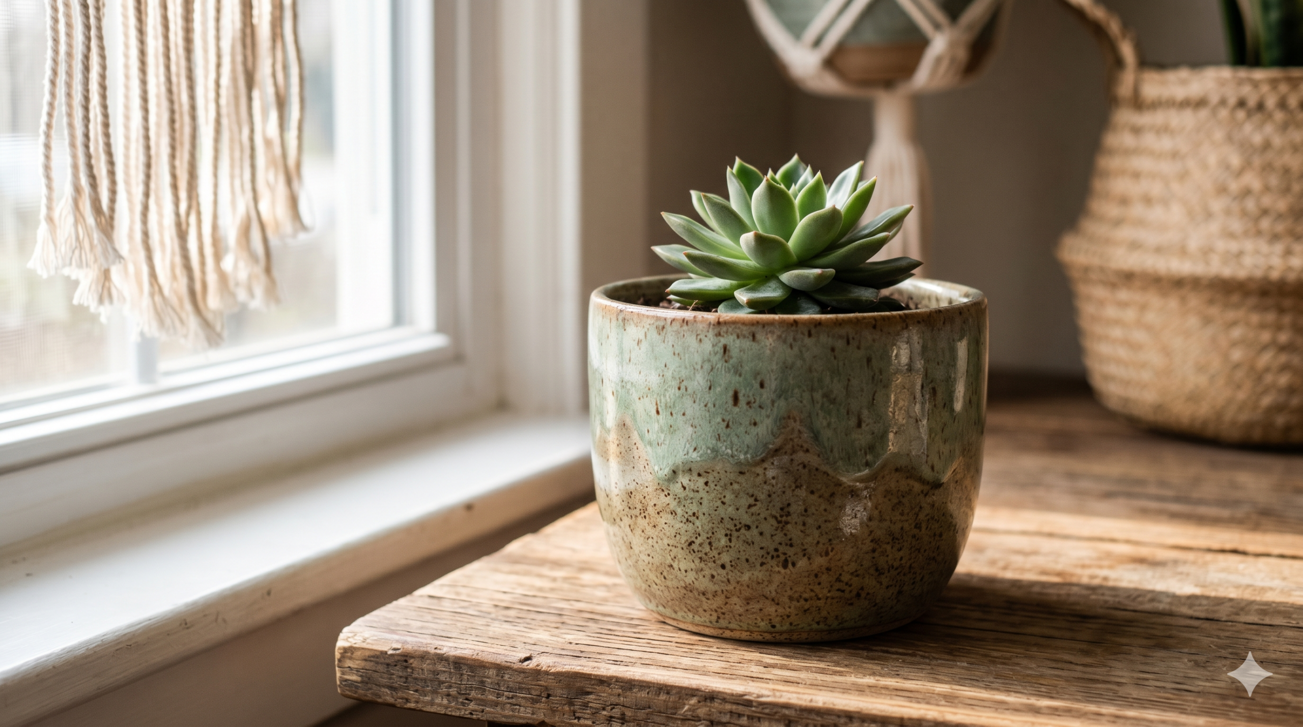 Glazed ceramic boho planter with green plant on wooden surface
