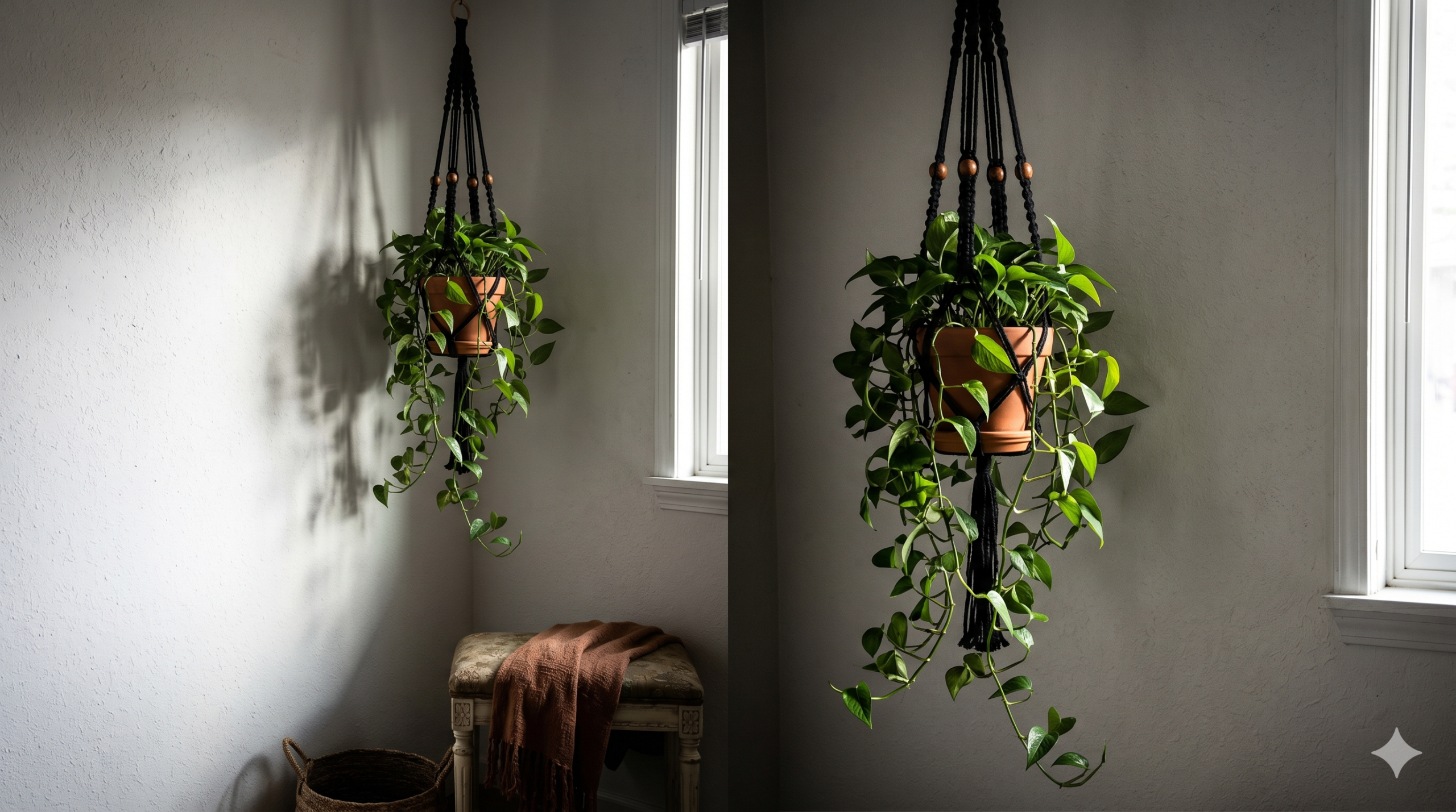 Black macrame plant hanger against white boho wall with trailing plant