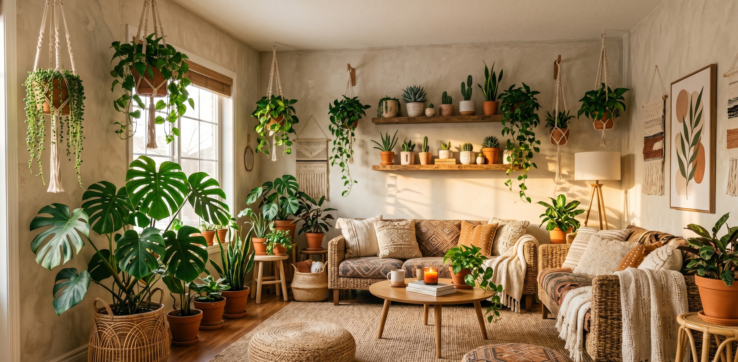 Full boho living room with plants at all heights, rattan and terracotta