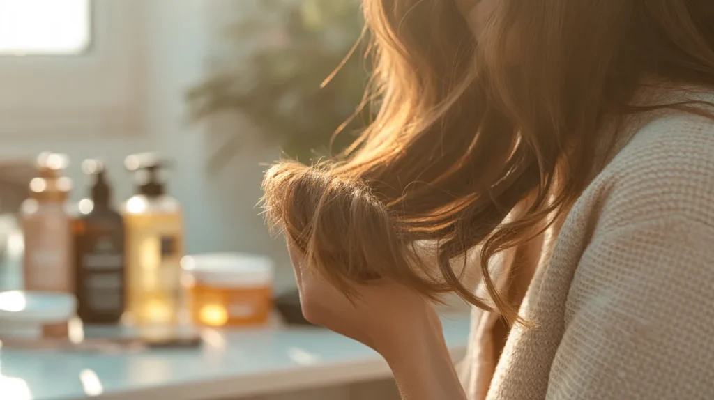 Close-up of a woman's healthy, shiny, thick hair blowing softly, warm natural light, golden hour glow, clean and feminine aesthetic, no face shown, hair care flatlay products blurred in background. Pinterest