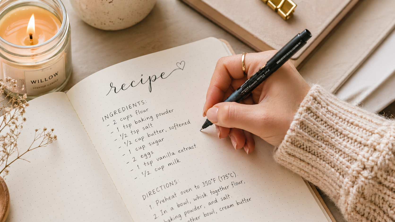 DIY recipe book journal open on a wooden table