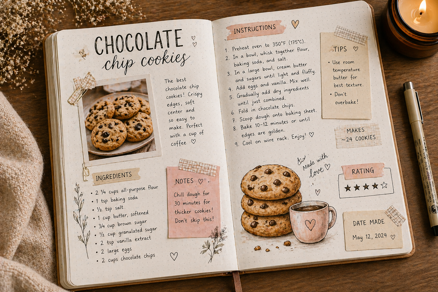 Recipe journal open showing handwritten notes and recipe sections