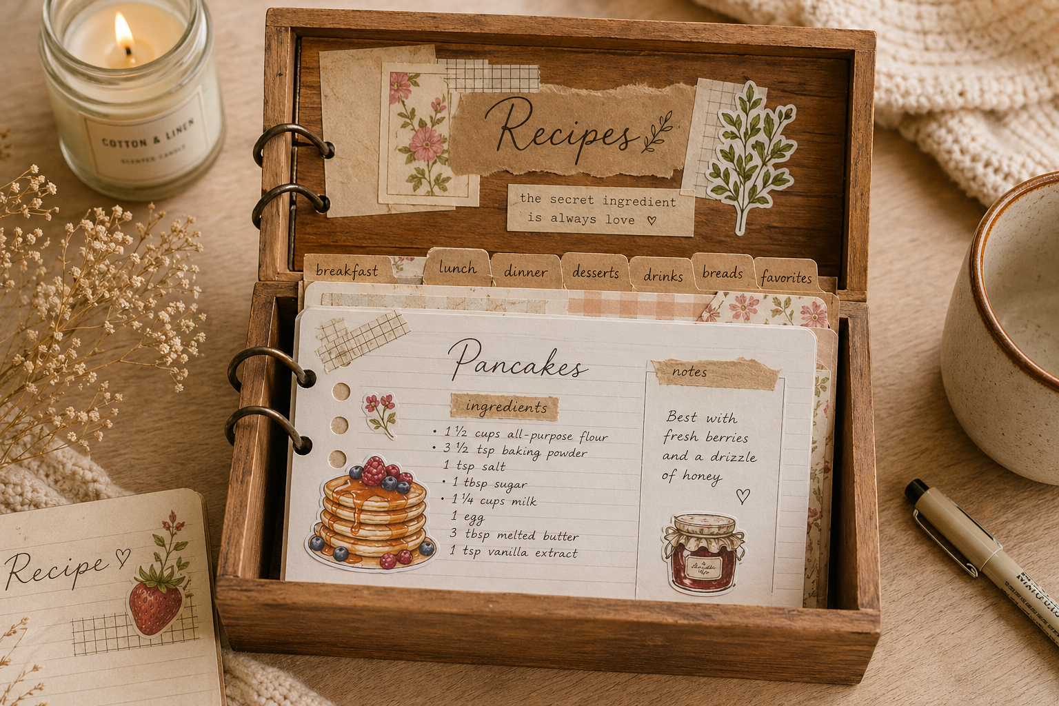 Recipe cards spread out on a kitchen counter
