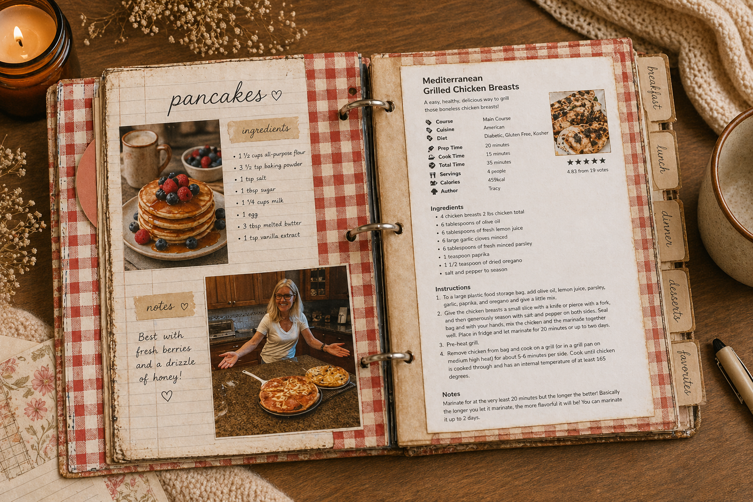 Recipe journal with tabbed sections for easy navigation