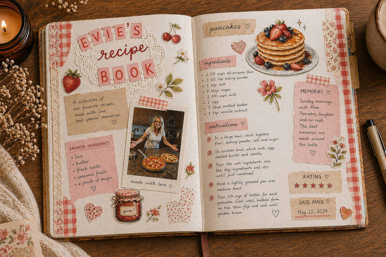 Personalized recipe journal with handwritten memories and notes