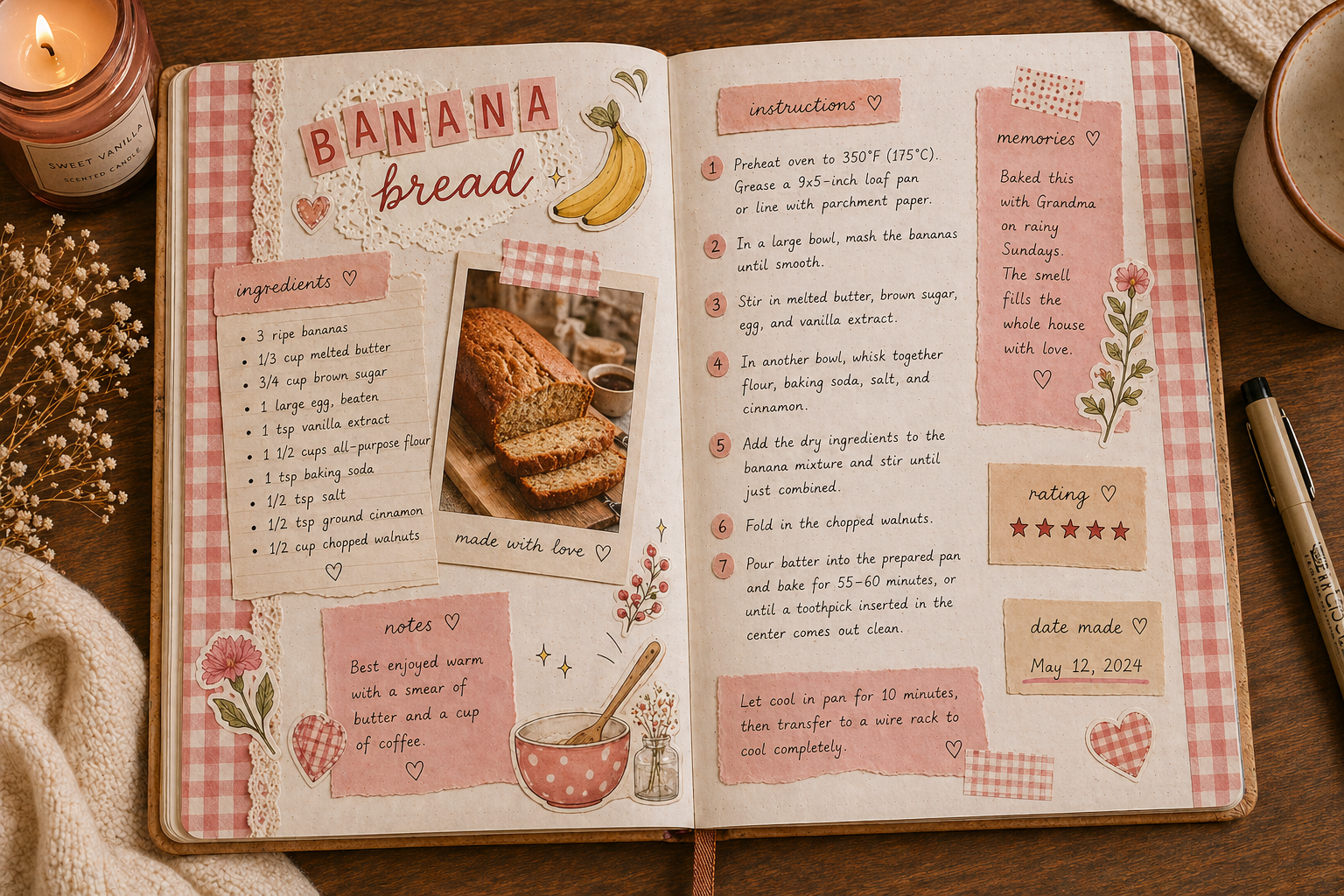 Aesthetic recipe journal on a kitchen counter with coffee and herbs