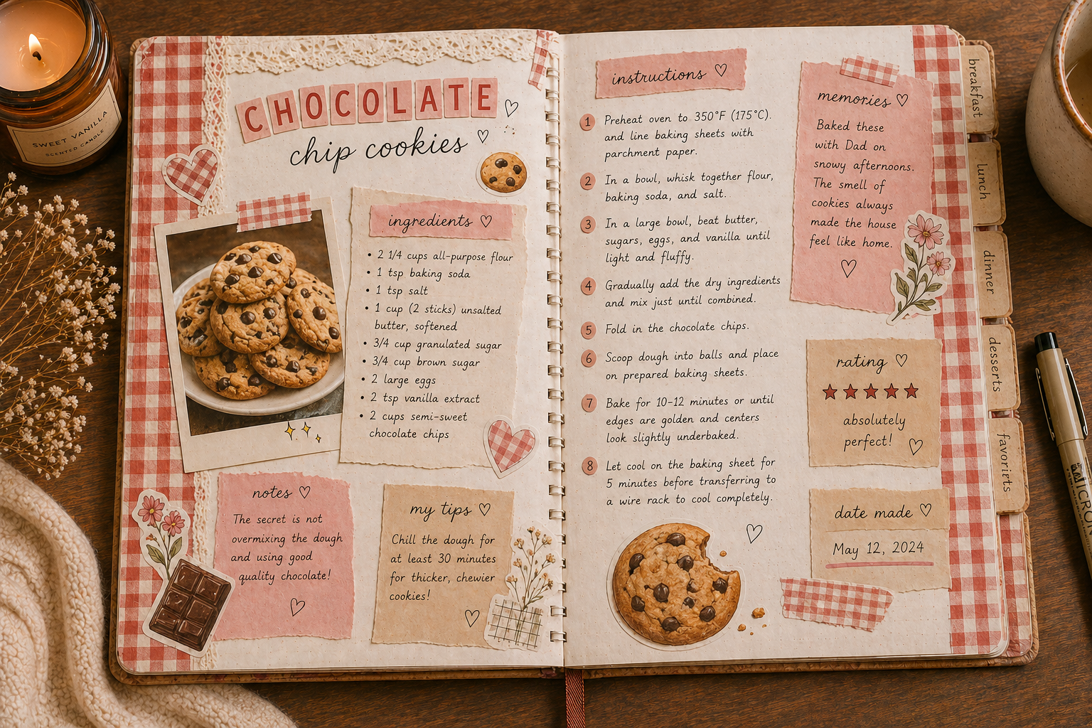 Finished DIY recipe book journal filled with recipes and memories