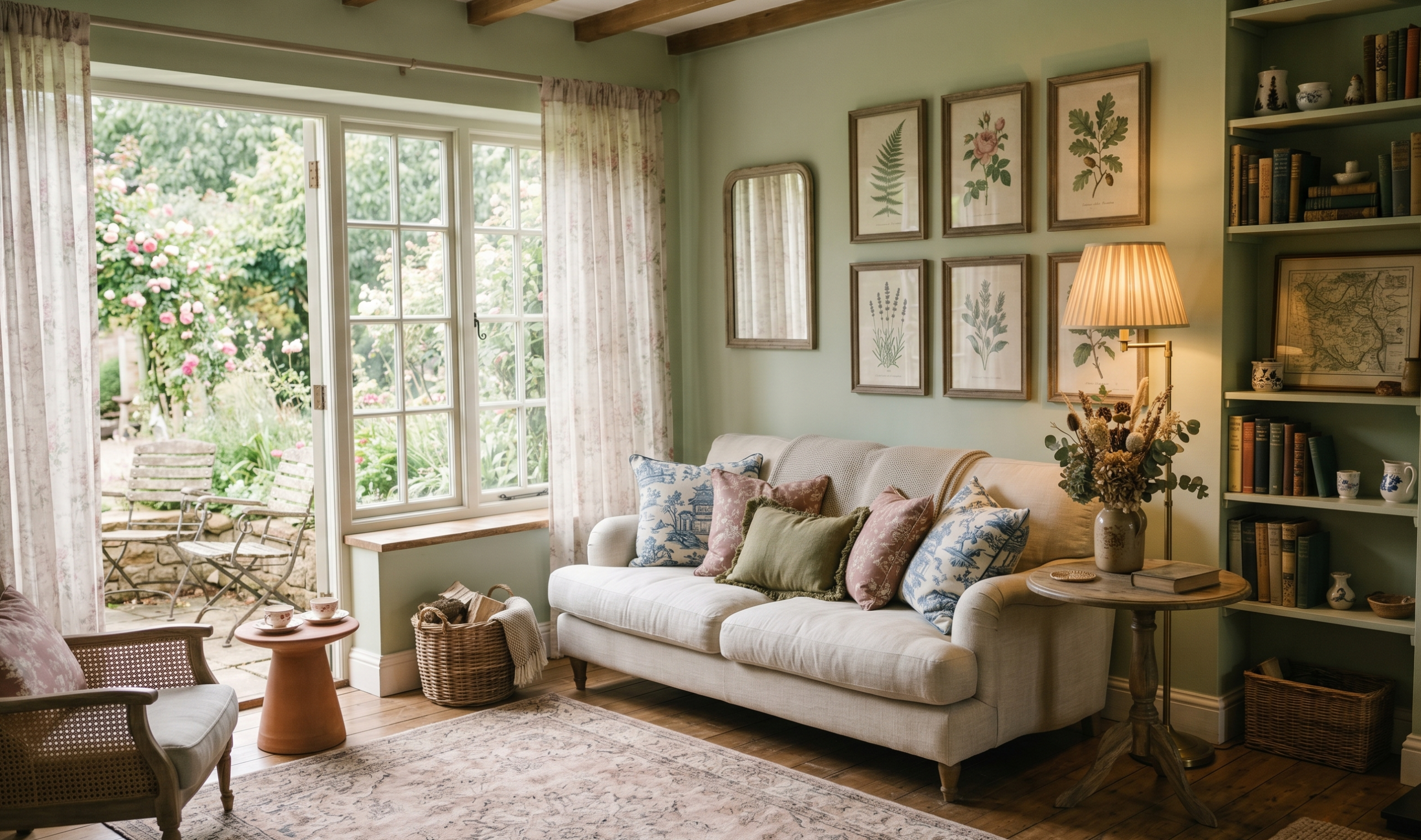 Cozy English cottage living room with floral curtains, warm lamp light, and layered pillows on a linen sofa