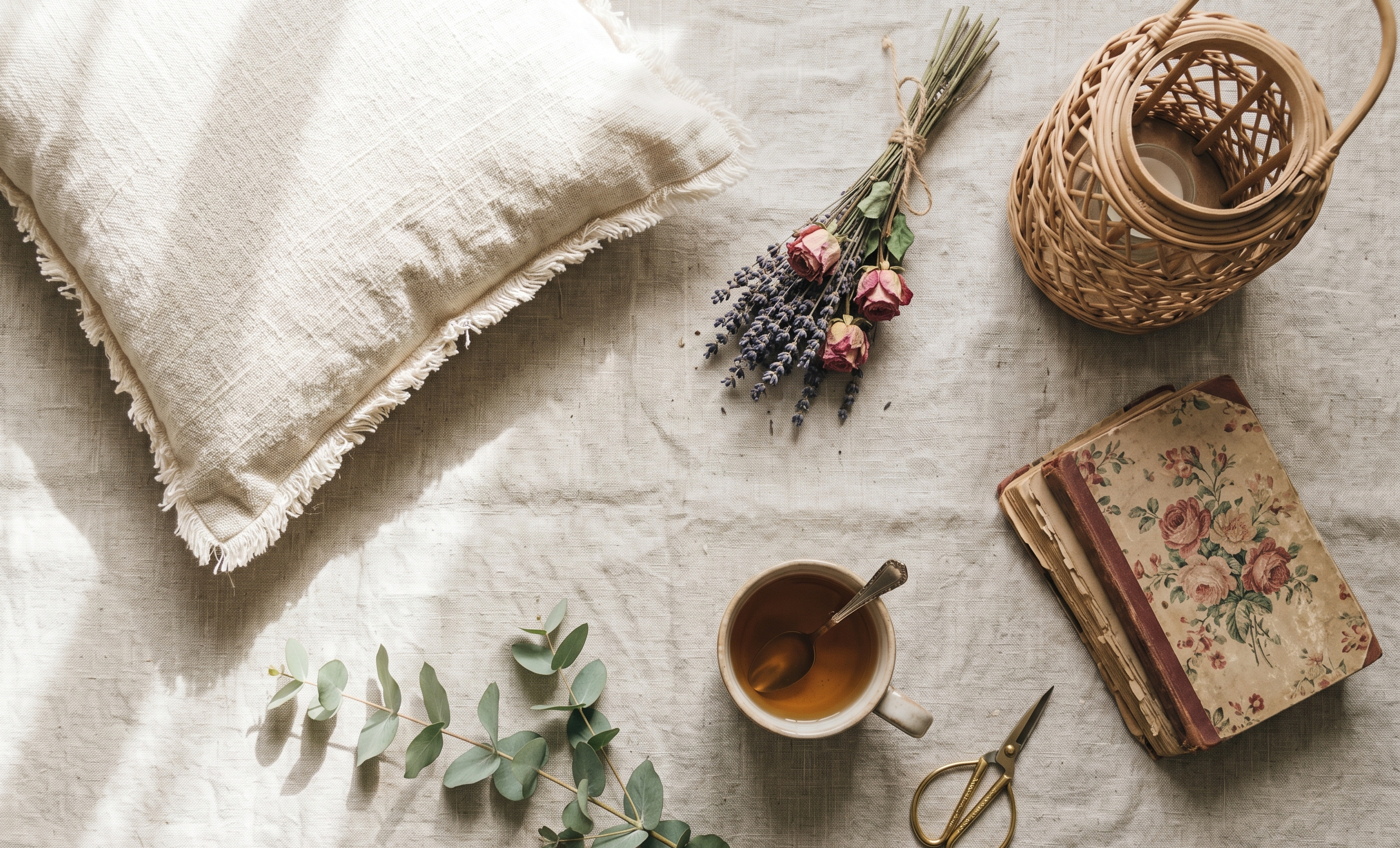 Flat lay of cottage decor elements: linen pillow, dried flowers, rattan lamp, vintage book