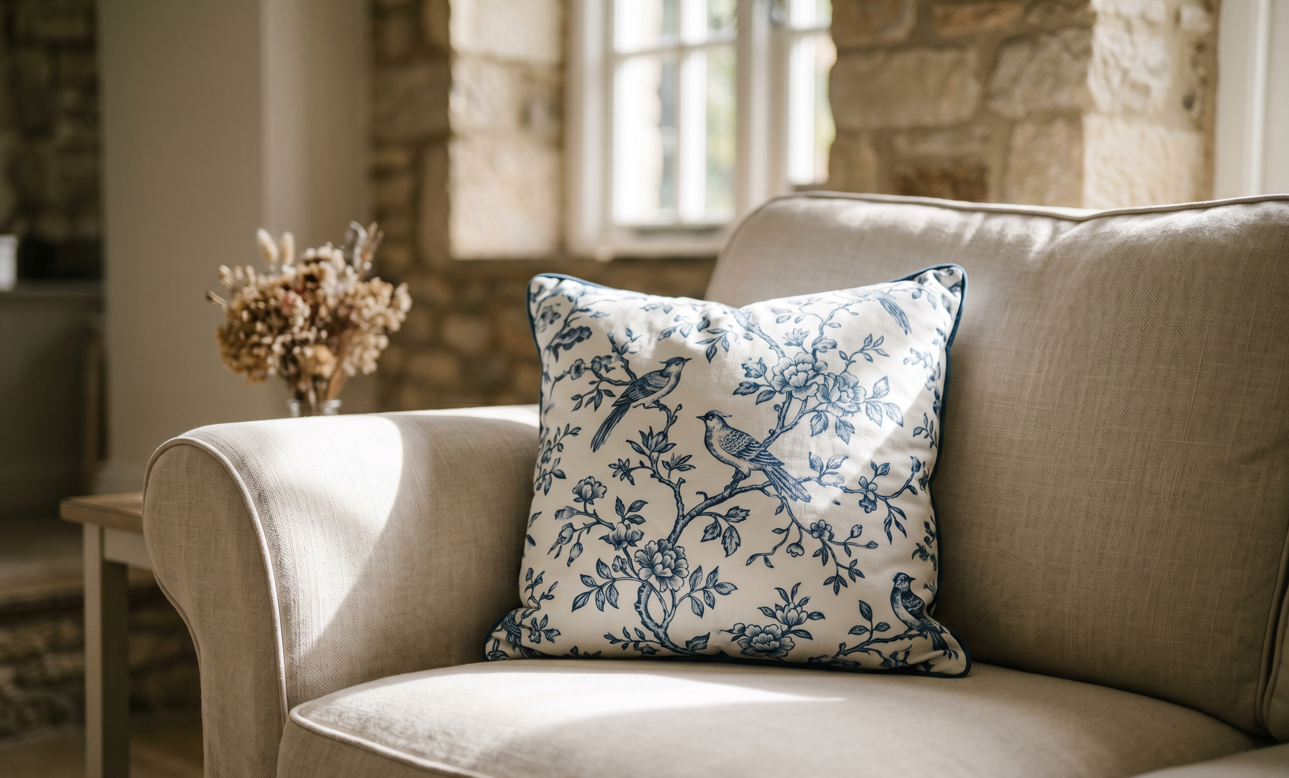 Blue chinoiserie pillow on a cream linen sofa