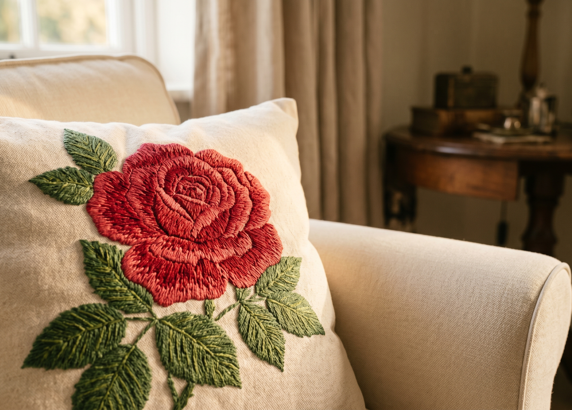 Close-up of embroidered rose pillow on a sofa armrest