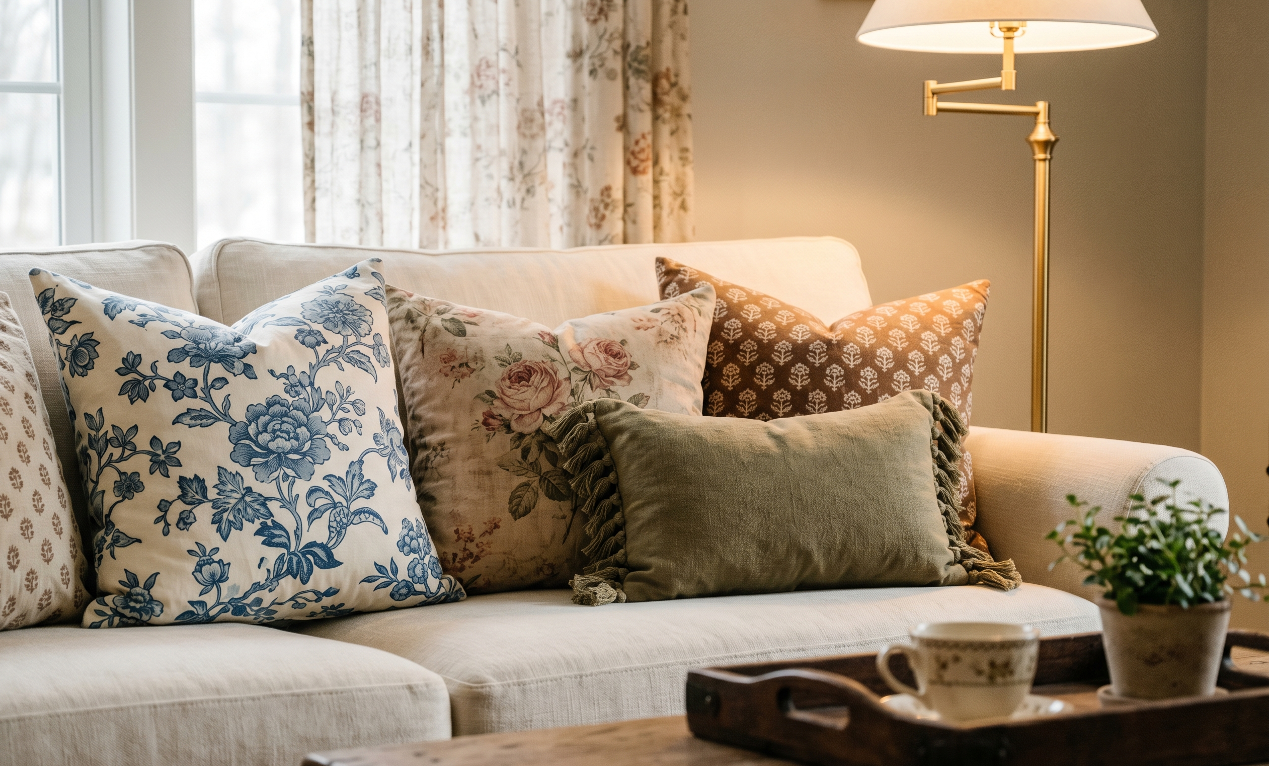 Pillow arrangement on sofa showing mix of floral, block print, and fringe pillows