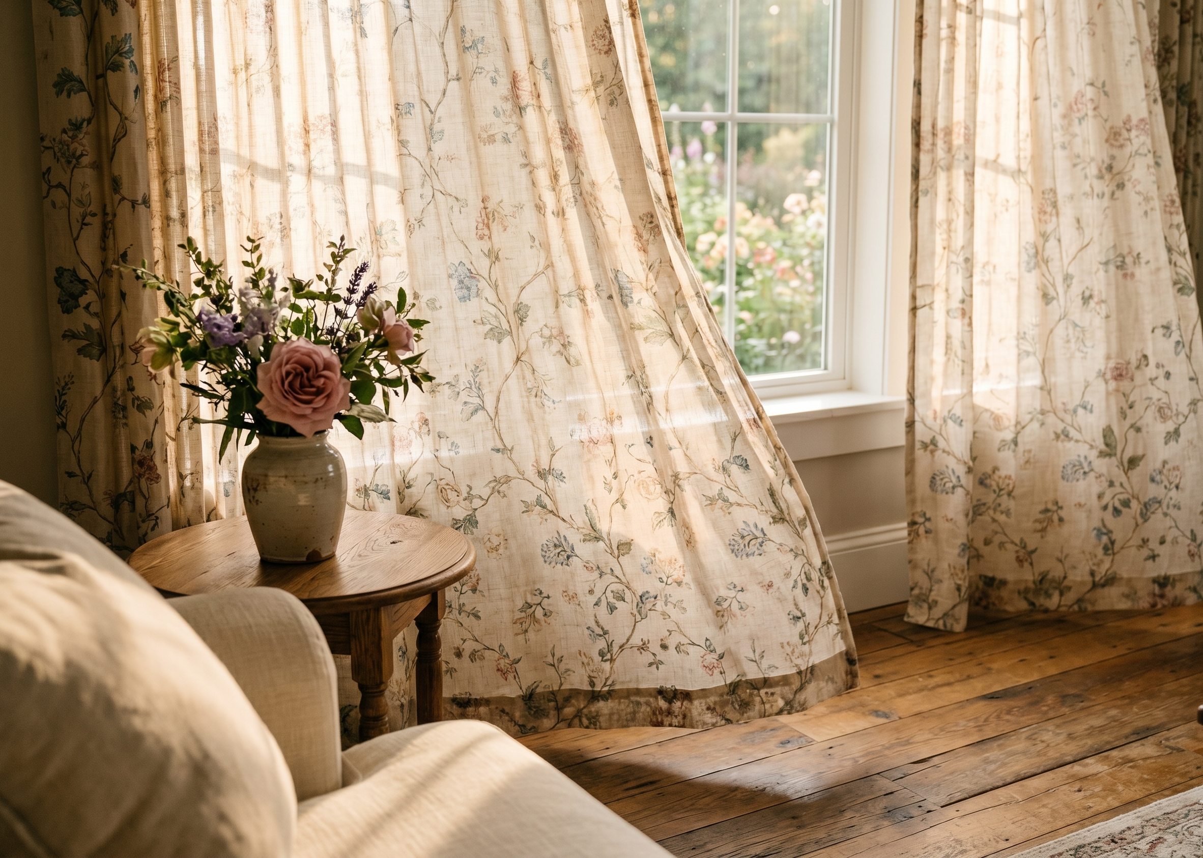 Floral linen curtains in a bright cottage living room, natural morning light
