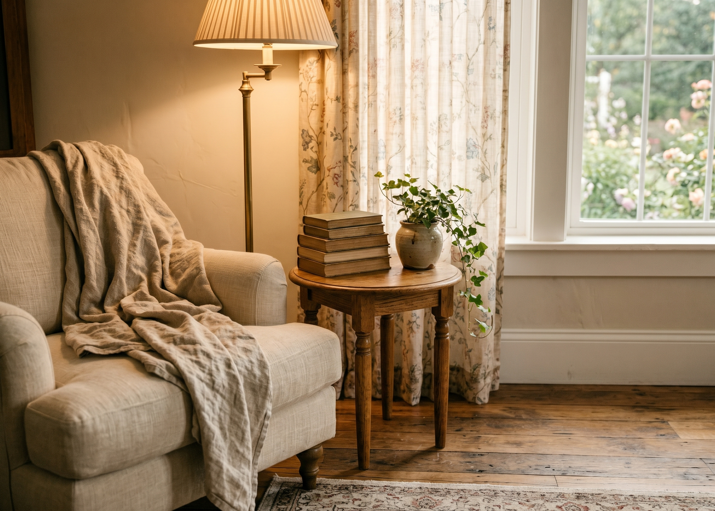 Lace curtains filtering soft afternoon light into a cottage room