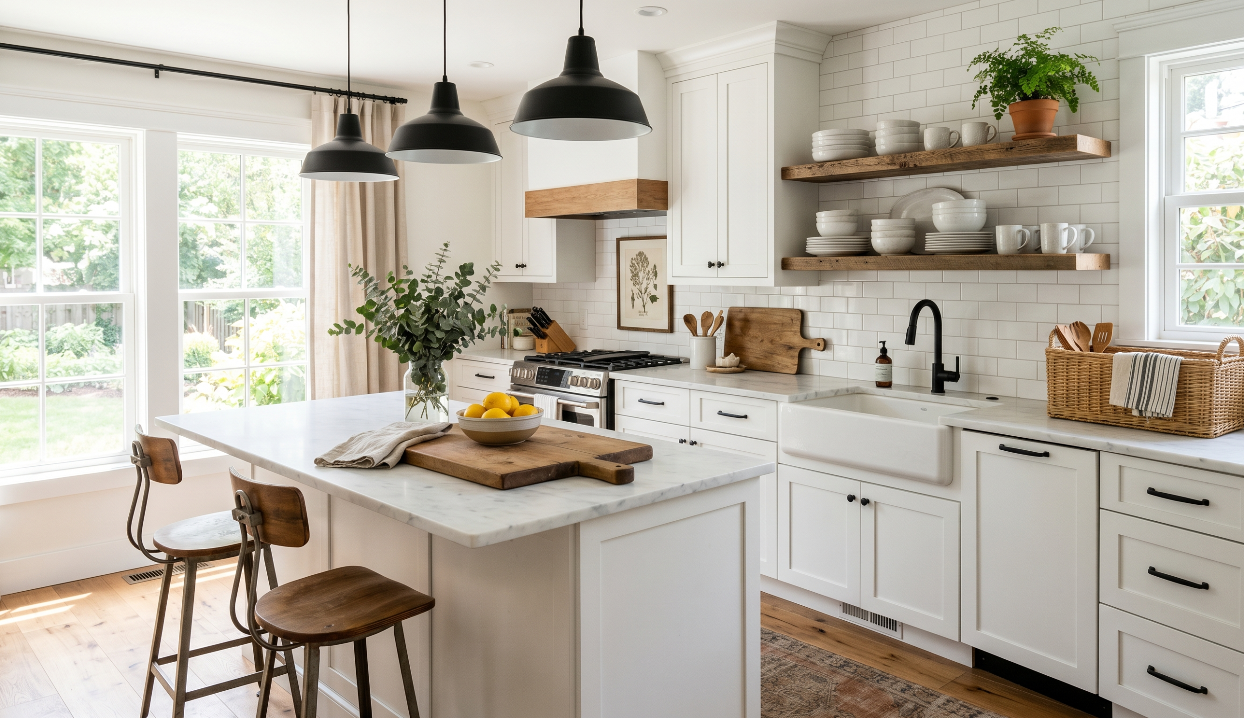 Bright modern farmhouse kitchen with open wood shelves black pendant lights and woven baskets