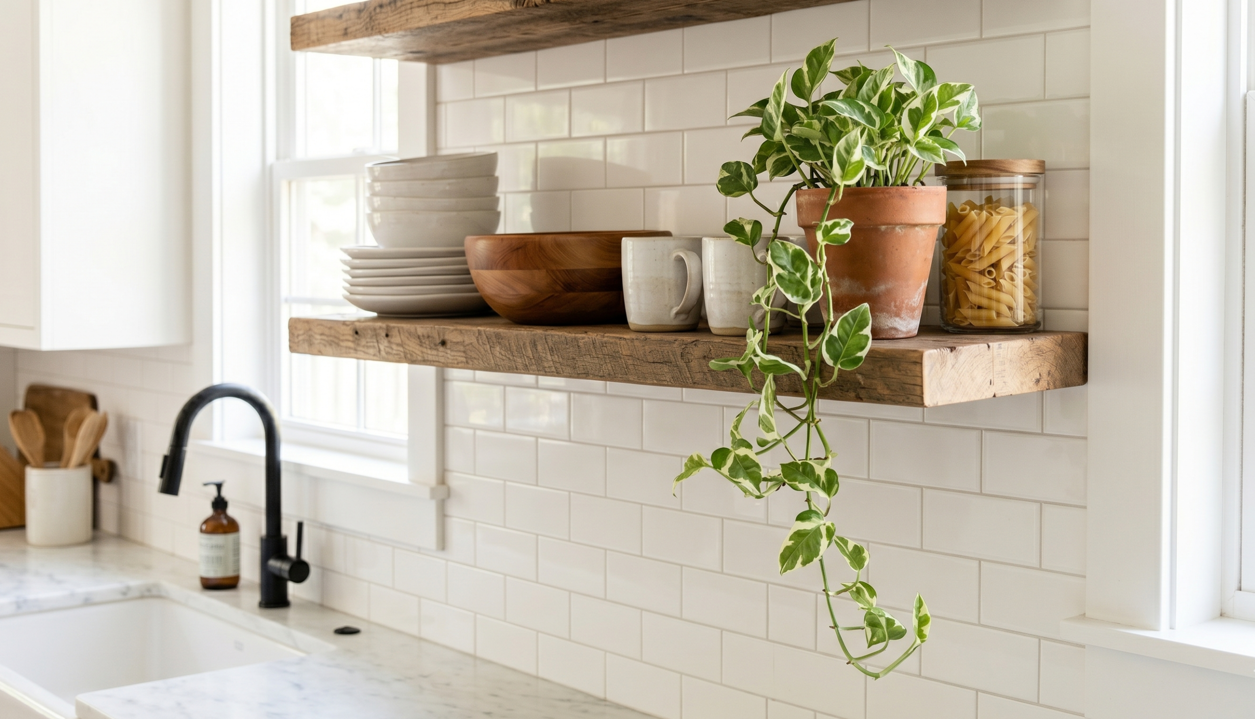 Open kitchen shelves in rustic brown with white stacked plates wooden bowls and ceramic jars