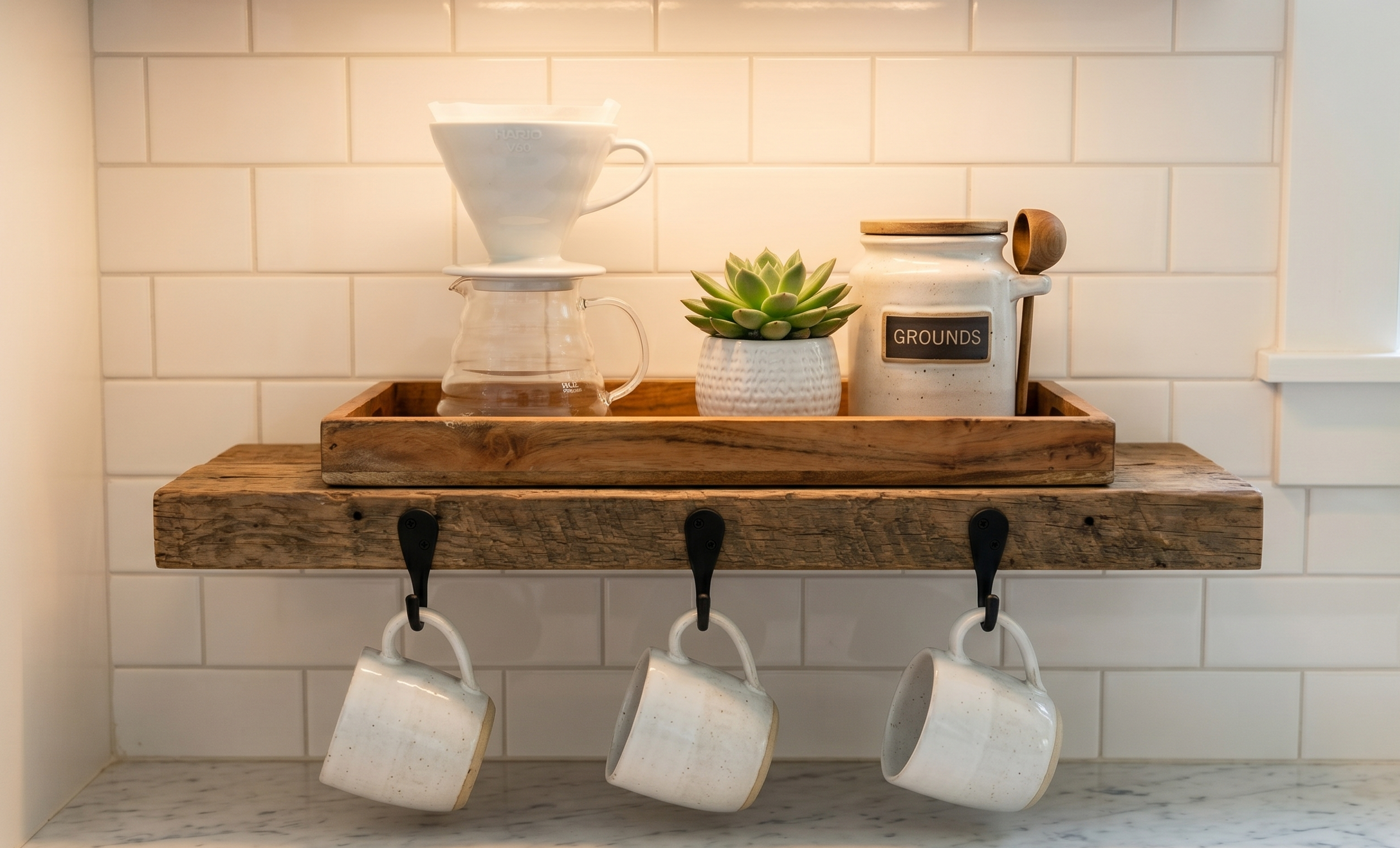 Farmhouse coffee station shelf with white mugs wooden tray small plant and ceramic canister