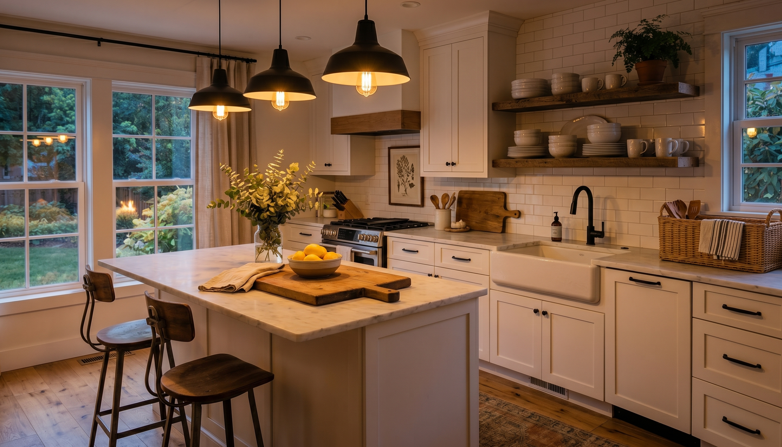 Farmhouse kitchen at dusk with warm Edison bulb glow from black dome pendants over white island
