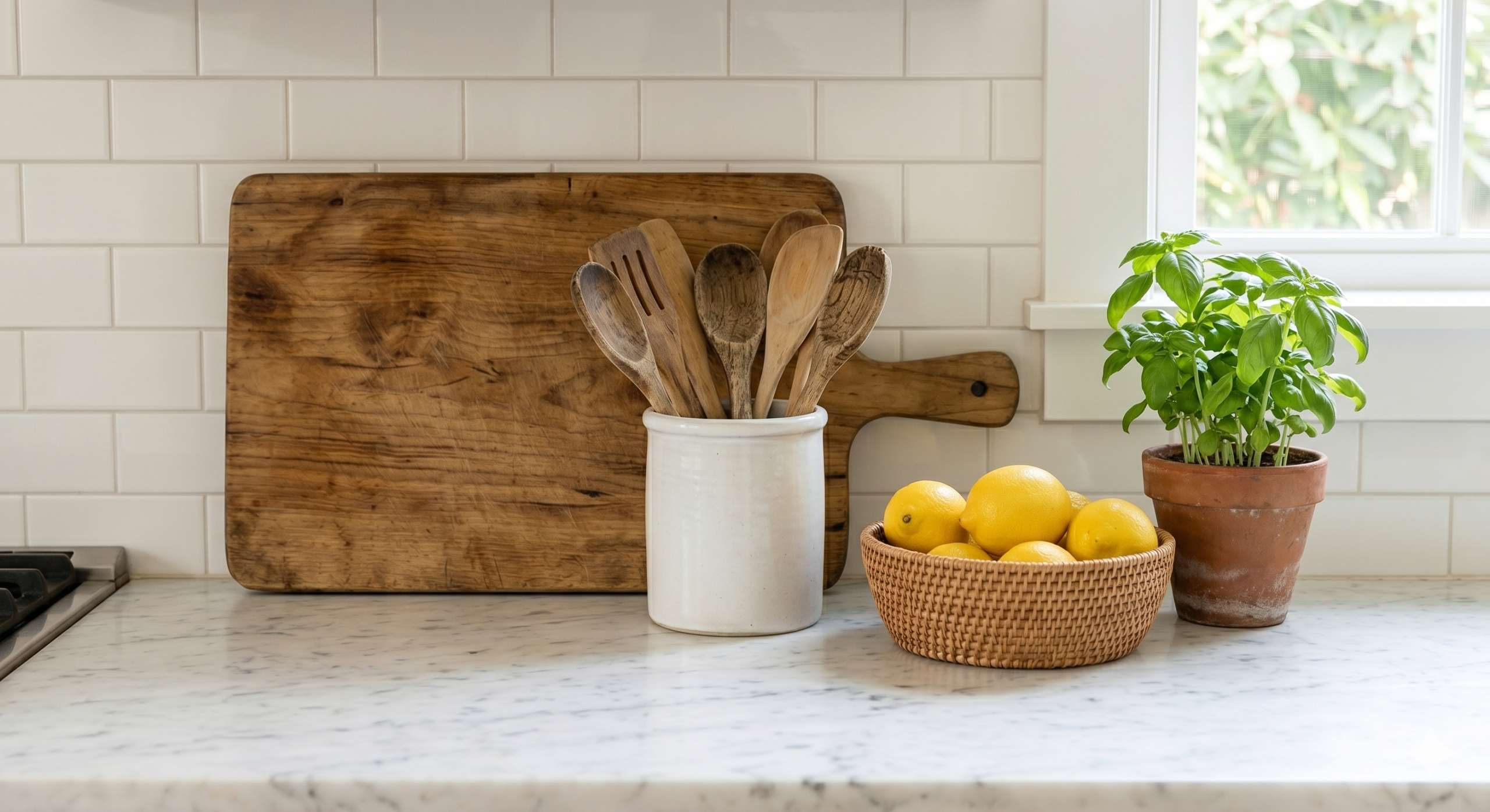 Clean farmhouse kitchen counter with ceramic utensil holder wooden cutting board and potted herb